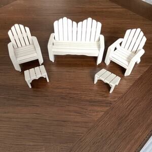 Miniature Adirondack Dollhouse Furniture White Wooden Bench Chairs 5 Piece 1:12